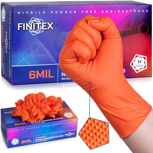 FINITEX Industrial Diamond Texture Nitrile Orange Glove - 100/1000PCS Chemical Resistant 6.3mil Mechanic Disposable Gloves - color: Orange (Medium 100)