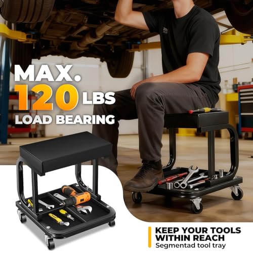 Auto Dynasty Rolling Mechanic Stool, Padded Shop Seat, w/Tool Tray, Black | Heavy Duty 250Lbs Capacity, Low Profile Rolling Shop Seat, with Tool Tray Storage for Garage, Workshop, Auto Repair
