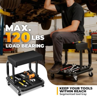 Auto Dynasty Rolling Mechanic Stool, Padded Shop Seat, w/Tool Tray, Black | Heavy Duty 250Lbs Capacity, Low Profile Rolling Shop Seat, with Tool Tray Storage for Garage, Workshop, Auto Repair