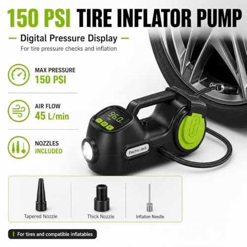 Electric Car Jack Kit 5 Ton 12V with Wrench and Tire Inflator (Black Green) | C model, 20.87 in lift, hydraulic jack, impact wrench, tire inflator, LED light, hard case