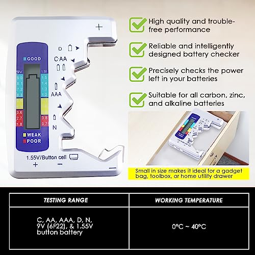 Battery Tester Universal Battery Checker with LCD Display Digital Multi Purpose Small Battery Checker for All Battery C AA AAA D N 9V 6F22 1.5V Button Cell Batteries