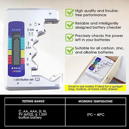 Battery Tester Universal Battery Checker with LCD Display Digital Multi Purpose Small Battery Checker for All Battery C AA AAA D N 9V 6F22 1.5V Button Cell Batteries