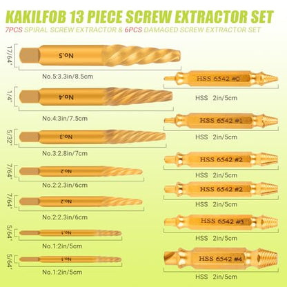 13 Pieces Easy Out Screw Extractor Set and Left-Hand Drill Bit Set, Stripped Screw Extractor Set for Removing Damaged Screws, Broken Bolts, Studs - size: 13 Pieces