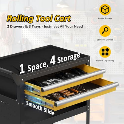 5-Tier Heavy Duty Rolling Tool Cart, 400 lbs Steel Utility Cart with 2 Drawers, Pegboard & Lockable Design, Storage Organizer for Garage, Workshop, Warehouse & Mechanic - size: 5-LAYER-A (TWO DRAWERS)