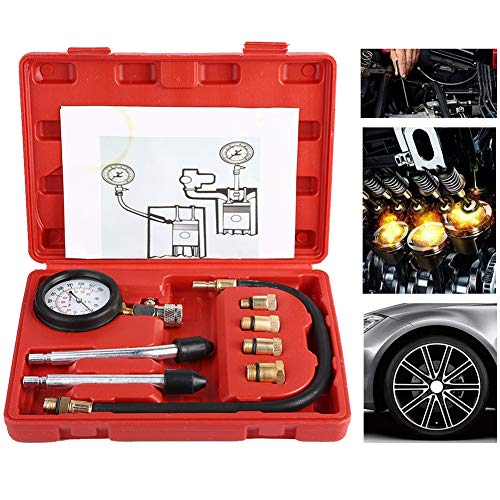 Gasoline Engine Compression Tester, Automotive Cylinder Pressure Test Kit with Dual Gauge 0-300psi for Cars and Motorcycles, Includes M10 M12 M14 M18 Adapters and