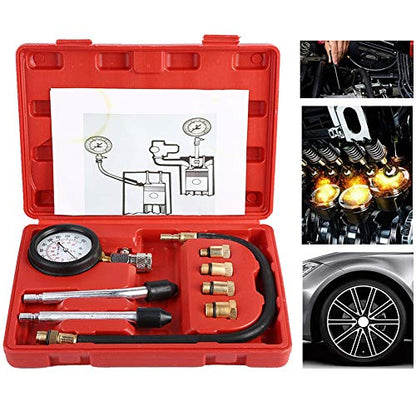 Gasoline Engine Compression Tester, Automotive Cylinder Pressure Test Kit with Dual Gauge 0-300psi for Cars and Motorcycles, Includes M10 M12 M14 M18 Adapters and