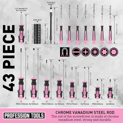 Magnetic Screwdrivers Set with Case, Amartisan 43-piece Includs Slotted, Phillips, Hex, Pozidriv,Torx and Precision Screwdriver Set, Magnetizer Demagnetizer Tools, Tools for Men (Pink)) - style: 43-piece Screwdrivers Set (Pink)