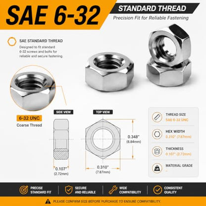 100Pcs SAE 6-32 Hex Nuts, 304 Stainless Steel Hardware Nuts, Full Thread Hex Drive, for Electrical Boxes, Electronics, Light Fixtures - size: 6-32 (100 pcs)