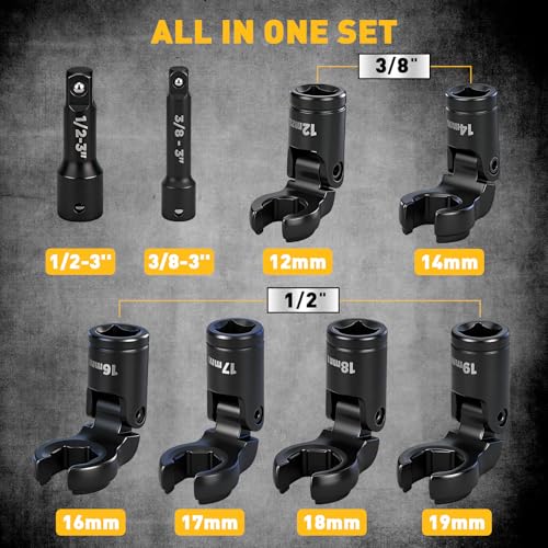 ELEAD 8-Piece Flex Head Crows Foot Wrench Set, Metric 12 14 16 17 18 19 mm with Extension Bar, 3/8" & 1/2" Drive Crowsfoot Line Wrenches Set, Access Fasteners in Tight Spaces - style: 8pcs Flex Head Crowsfoot Wrench Set