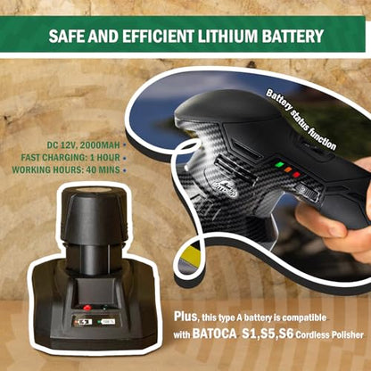 BATOCA 2026S3 Cordless Car Buffer Polisher, 2x2.0Ah 11.1V Lithium-ion Rechargeable Battery Powered Polisher with 6 Variable Speed, DA Orbital Buffer for Car Detailing, Polishing, Waxing, Carbon Style | Long motor life, Battery Powered Polisher, Lightweigh