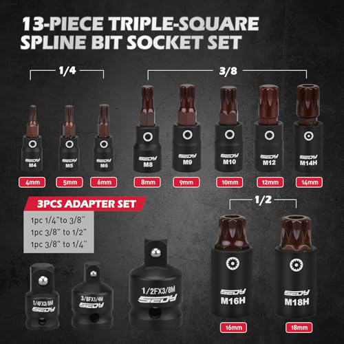 Triple-Square Spline Bit Socket Set: 13-Piece Socket Set with Magnetic Socket Rail Organizer, 1/4,3/8,1/2-inch Drive M4-M18 12 Point Bit Socket Set for Garages Workshops - style: 13PCS Triple Square M4–M18