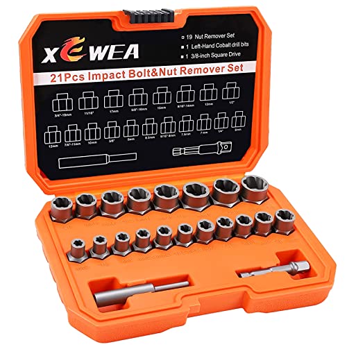 XEWEA 21PCS Bolt Nut Extractor Set, 3/8" Drive Easy Out Socket Remover | Lug Nut Extraction Easy Out Tools For Damaged, Frozen, Studs, Rusted, Rounded-Off Bolts & Nuts Screws, Cr-Mo Steel - size: 21PCS
