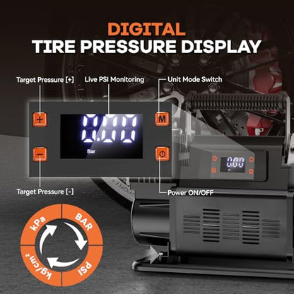 Dual Cylinder 12V Air Compressor 150 PSI 300 LPM – LCD Digital Display with Preset Pressure Heavy Duty Portable Tire Inflator for Truck SUV Off Road Jeep 1200W Fast Inflation No Overheating