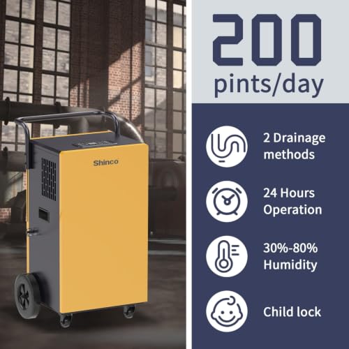 Shinco Commercial Dehumidifiers with Pump, 200 Pints Industrial Dehumidifier for Crawl Spaces, Basements Warehouse and Large Spaces up to 8,000 Sq Ft - color: 8,000 Sq.Ft.