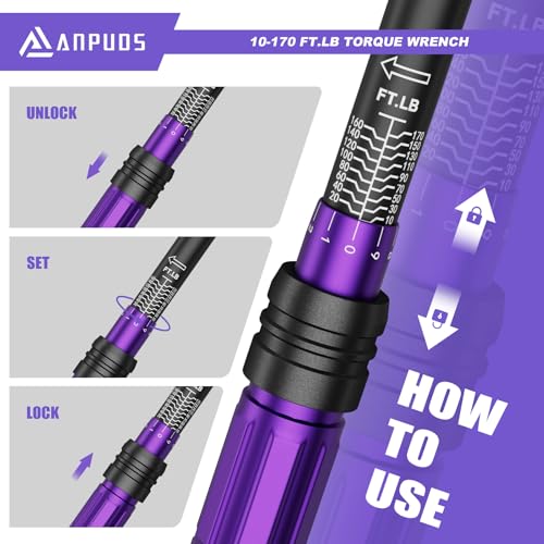 ANPUDS 1/2 Inch Drive Click Torque Wrench,10-170 Ft-Lb/13.6-230.5 Nm | Dual-direction Adjustable Torque Wrench with Dual Range Scales, 72 Tooth, ±3% High Precision for Moto, Car Maintenance