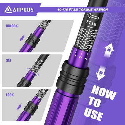 ANPUDS 1/2 Inch Drive Click Torque Wrench,10-170 Ft-Lb/13.6-230.5 Nm | Dual-direction Adjustable Torque Wrench with Dual Range Scales, 72 Tooth, ±3% High Precision for Moto, Car Maintenance