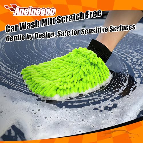 Car Wash Mitt Microfiber, Premium Chenille Microfiber Wash Car Mitts Sponge Scratch Free & Lint-Free, Microfiber Wash Mitts Waterproof Lining 2 Pack Green (8''X12'') - size: XCST_8X12IN_FG_2PCS