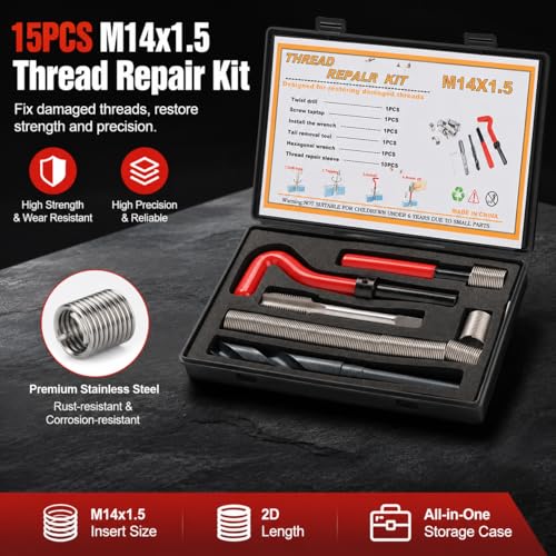 Thread Repair Kit M14x1.5 15 PCS Helicoil Insert Sleeves Stainless Steel Metric Female Thread Repairing Assortment Kit with Complete Tools for Auto and Machinery Repairing