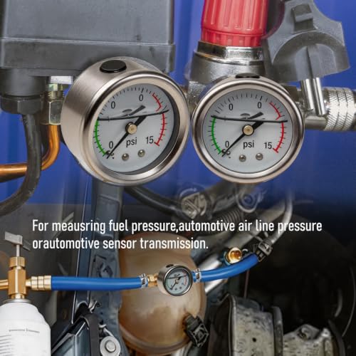 0-15Psi Fuel Pressure Test Kit, Fuel Pressure Gauge Kit, Glycerin Filled Fuel Pressure Regulator with Gauge for Car, 1/8'' NPT Inline Fuel Pressure Gauge with 3/8'' 5/16'' Barb, Back Mount