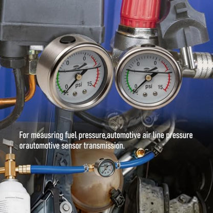 0-15Psi Fuel Pressure Test Kit, Fuel Pressure Gauge Kit, Glycerin Filled Fuel Pressure Regulator with Gauge for Car, 1/8'' NPT Inline Fuel Pressure Gauge with 3/8'' 5/16'' Barb, Back Mount