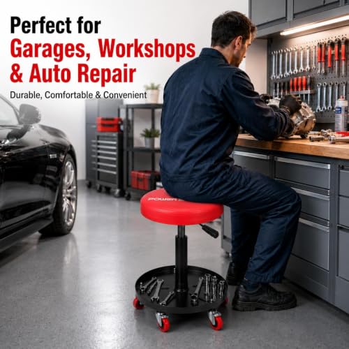 PowerSmart 330 lbs Capacity Pneumatic Roller Seat with Wheels, Adjustable Rolling Mechanic Stool with Tool Tray, Hydraulic Garage Shop Stool, Swivel Creeper Seat for Automotive Repair - size: Medium