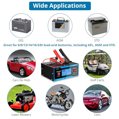 AUTOUTLET Upgraded 8 Volt Battery Charger for Golf Cart Automotive Battery Charger and Maintainer 0-14A with Cable Clamps for 6/8/12/14/16/24V Lead-Acid Batteries - color: Blue