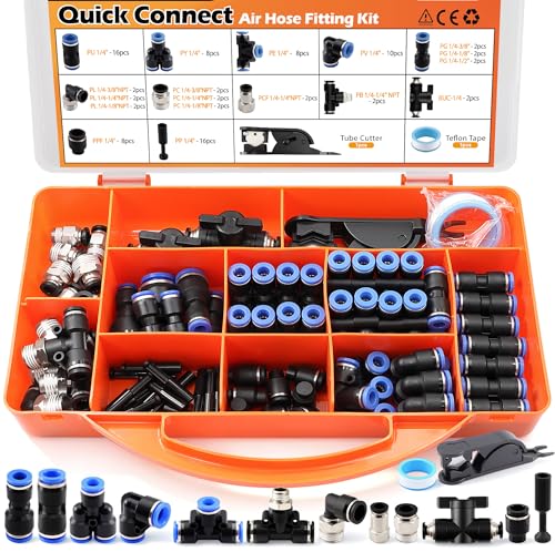 90PCS 1/4" 3/8" Push to Connect Air Fittings Kit, High-Visibility Blue PBT & Brass Quick Connect Pneumatic Assortment, DIY Air Tools & Air Suspension, with Tube Cutter & Tape in Portable Case - size: 90PCS Blue