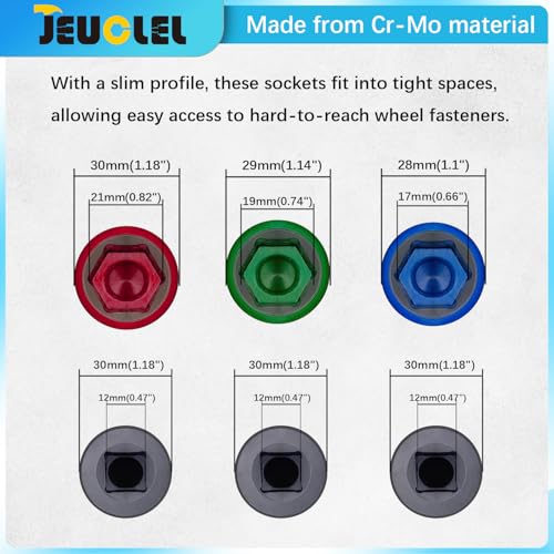 3PCS Lug Nut Socket Set, 1/2" Drive Impact Extra-Long Impact Socke | 17mm, 19mm, 21mm, 6 Point, Non-Marring, Thin Wall, Deep Socket, Wheel Protector, Protective Socket, Color-Coded, Cr-Mo Steel