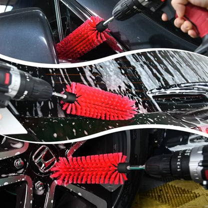 1 Pack Drill Brush for Car Wheel and Bottle(Red) | for Wheels, Rims, Engines, Exhaust, Bottle - color: 1 Pack Red