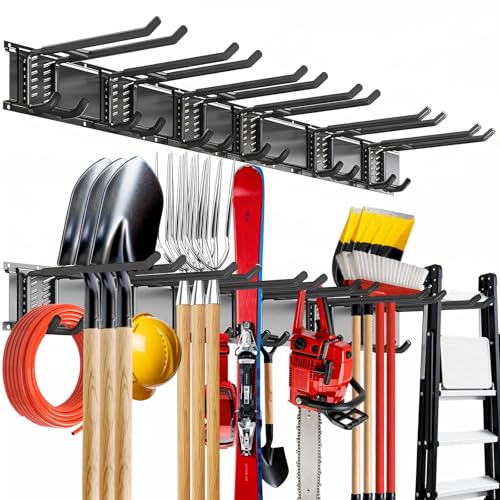 Garage Tool Organizer Wall Mount, 48inch Heavy-Duty Garage Storage System and Garden Tool Organizer with 6 Adjustable Double Hooks for Shovel, Snowboard, Yard Tools and Shed - size: 48"-6double hook