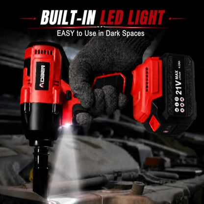 AOBEN Cordless Impact Wrench 1/2 Inch, Power Impact Gun Kit, Max 600N. M/450Ft-lbs High Torque Electric Impact Driver for Car RV Tire, 4.0Ah Battery, Charger, 6 Sockets & Storage Tool Case - size: AB-7337-B