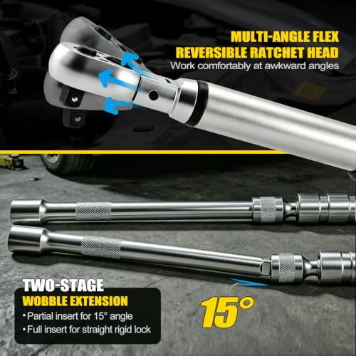 3/8" Drive digital torque wrench with flex head Set (10-100 ft-lb) | Professional Electronic, Buzzer & LED, 14mm/16mm Spark Plug Sockets, Adapters & 2-Stage Extension Bar