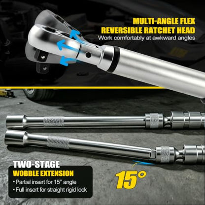 3/8" Drive digital torque wrench with flex head Set (10-100 ft-lb) | Professional Electronic, Buzzer & LED, 14mm/16mm Spark Plug Sockets, Adapters & 2-Stage Extension Bar