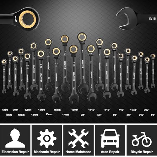 GRENPRO Ratcheting Wrenches Set, Combination Wrench Sets With Organizer Box, 23PC SAE & Metric And Standard, 1/4" to 3/4" & 6-18mm, Open End Wrench Set, Electrophoretic Coating Sock Mechanic Tools - style: Ratcheting Wrench Set (Metric&SAE)