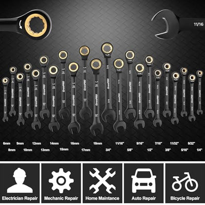 GRENPRO Ratcheting Wrenches Set, Combination Wrench Sets With Organizer Box, 23PC SAE & Metric And Standard, 1/4" to 3/4" & 6-18mm, Open End Wrench Set, Electrophoretic Coating Sock Mechanic Tools - style: Ratcheting Wrench Set (Metric&SAE)