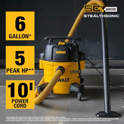 DEWALT 6-Gallon STEALTHSONIC Ultra Quiet Poly Shop Vacuum Wet and Dry with 6 Dust Bags, 5 Peak HP Noise Reduction Wet/Dry Vac for Jobsite, Workshop, and Garage, DXV06P-QTB
