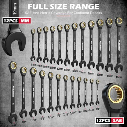 Premium 24-Piece Ratcheting Wrench Set, SAE(1/4-7/8") & Metric(8–19mm) Combination Wrenches, 72-Tooth CR-V Steel with Durable Black Finish, Ratchet Spanners with Roll-Up Tool Pouch for Repair - style: 24-Pc Ratcheting (Black Finish)