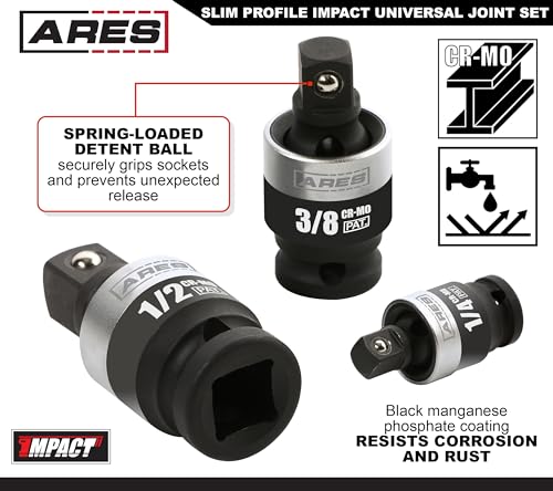 ARES 22036-3-Piece Slim Profile Impact Universal Joint Set - 1/4-Inch, 3/8-Inch and 1/2-Inch Drive Chrome Moly Steel Impact Grade U-Joint Sockets – Slim Body Profile for Superior Access - size: 1/4-Inch, 3/8-Inch, 1/2-Inch Slim Set