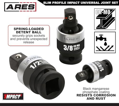 ARES 22036-3-Piece Slim Profile Impact Universal Joint Set - 1/4-Inch, 3/8-Inch and 1/2-Inch Drive Chrome Moly Steel Impact Grade U-Joint Sockets – Slim Body Profile for Superior Access - size: 1/4-Inch, 3/8-Inch, 1/2-Inch Slim Set