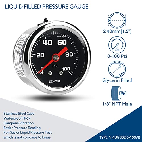 SENCTRL 0-100 Psi Fuel Pressure Gauge, 1-1/2" Black Dial, 1/8" NPT Back Mount, Glycerin Liquid Filled, Stainless Steel Case, Inline Low Pressure Gauge, for Water Oil Pressure Test - size: 0-100 Psi, style: Back Mount(Black dial)