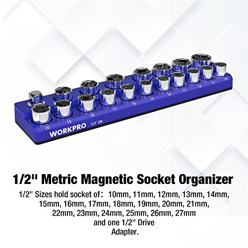 WORKPRO Magnetic Socket Organizer, 1/2-Inch Metric Socket Holder | Hold 19-Piece Sockets, Suitable for Standard and Deep Socket, Magnetic Base, No Scratches Installation, Sockets not Included - size: 1/2" DR - Metric