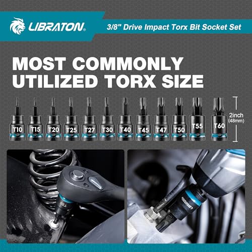LIBRATON 24PCS 3/8 Drive Impact Torx Bit Socket Set, Extra Long Torx | Extra long 2in&6in Torx Bit Set, T10-T60 Coverage, S2 Alloy Steel Star Bit Sockets, Impact for Auto Repair, Blow Molded Box