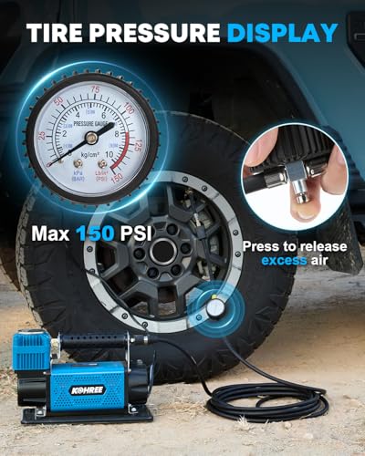 Kohree 12V Air Compressor, 7.06 CFM Fast Tire Inflator, Heavy Duty Tire Pump with Max 150 PSI for Offroad Truck, RV, 4x4 Vehicles - style: Basic-Single Cylinder