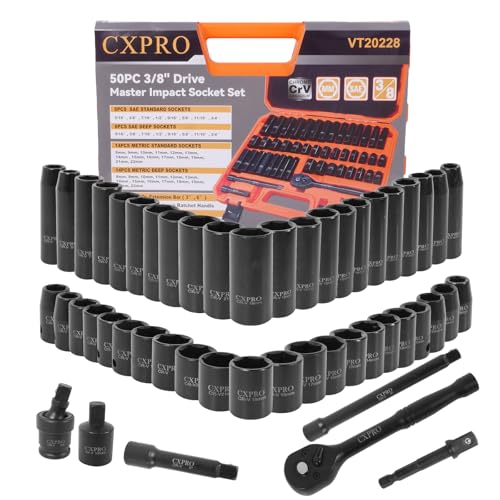 3/8'' Cr-V 6 Point Drive Impact Socket Set, 50-Piece Standard SAE (5/16 to 3/4 inch) and Metric (8-22mm) Size, 3/8-Inch Ratchet Handle, Extension Bar, Universal Joint