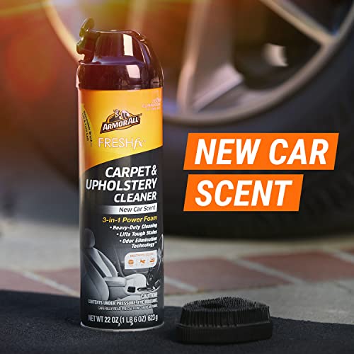 Armor All Carpet and Upholstery Cleaner Spray for Tough Stains, 22 Fl Oz | Includes removable scrub brush and New Car Scent; helps eliminate pet, food and smoke odors in car interiors