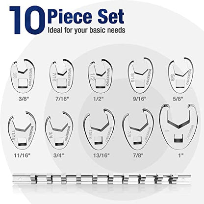 WORKPRO 3/8" Drive Flare Nut Wrench Set, 10-piece Crowfoot Flare Nut Tool Kit, SAE 3/8-1in, Steel Wrench With Storage Rail for Nut Removal - size: SAE System