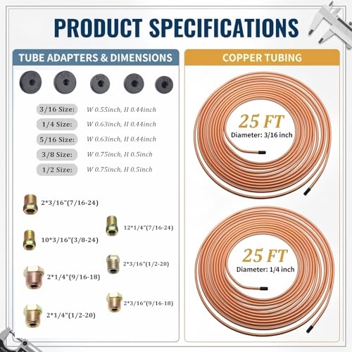 Brake Line Flaring Tool Kit,Professional Brake Line Kit with 25Ft 3/16" & 1/4" Copper Plated Steel Tubing & Tube Cutter,Rustproof Brakes Lines Repair Kits for Hydraulic Systems