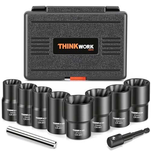 10-Piece Lug Nut Removal Tool, 1/2" Drive Wheel Lock Removal Kit | for Damaged, Rusted, Rounded-Off, Stripped Fasteners, 14-27mm, Cr-Mo, Reverse Spiral Flute, Black Oxide Coating, Storage Case - size: 10-piece