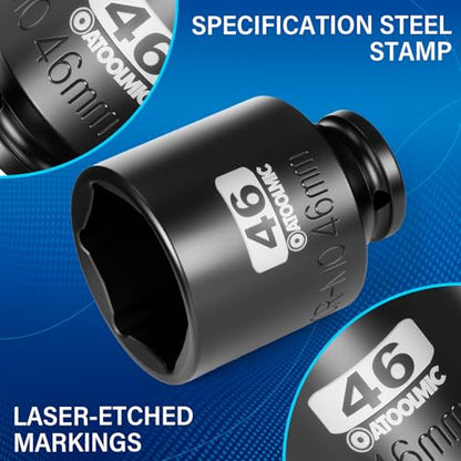 1/2 Inch Drive x 46mm Deep 6PT CR-MO Impact Socket for Removing Axle nut | Metric Socket,6-Point Radius Corner Design,Two Size Markings,Square Chamfered Opening,For Removal of Axle Nut - size: 46 mm, style: 1/2" Drive Deep Socket