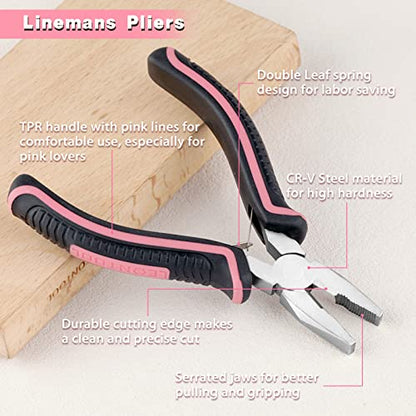 Mini Linemans Pliers Spring Loaded 5 Inches Wire Cutter with Serrated Jaw Chromium Vanadium Steel Construction Mini Combination Pliers for Jewelry Making, Pink Tool for Women - style: Linemans Pliers